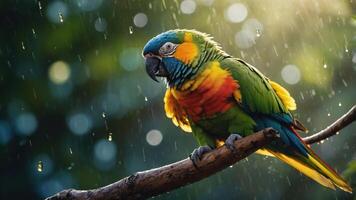A vibrant parrot perched on a branch in the rain, showcasing its colorful feathers. photo