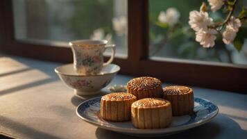 A serene setting with mooncakes and tea, symbolizing tradition and celebration. photo