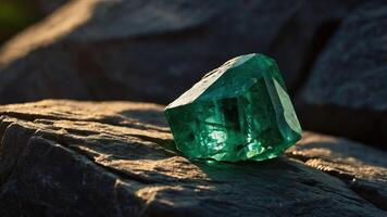 A large, sparkling emerald resting on textured rocks, illuminated by natural light. photo