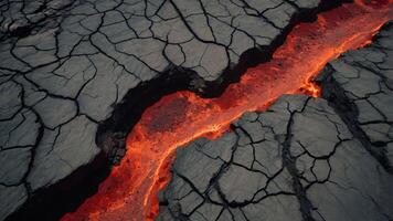 A close-up view of flowing lava in a cracked volcanic landscape. photo