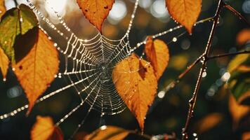 A close-up of a spider web adorned with dew droplets and surrounded by autumn leaves. photo