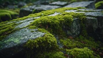 A close-up of moss-covered rocks in a natural setting, highlighting nature's textures. photo
