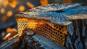 A close-up of honeycomb embedded in a wooden log, illuminated by soft sunlight. photo