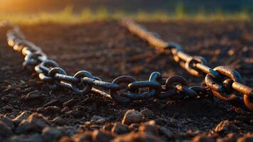 A close-up of a rusted chain lying on the ground, illuminated by warm sunlight. photo