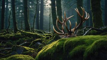 A serene forest scene featuring antlers resting on mossy ground amidst trees. photo
