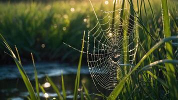 A close-up of a spider web adorned with dew drops in a grassy environment. photo