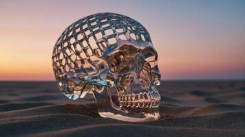 A transparent skull sculpture resting on sand at sunset, showcasing artistic design and beauty. photo