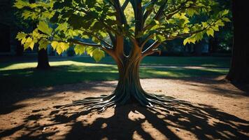 A tree with vibrant leaves casting intricate shadows on the ground. photo