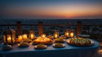 A beautifully arranged table of desserts and candles at sunset, creating a serene atmosphere. photo
