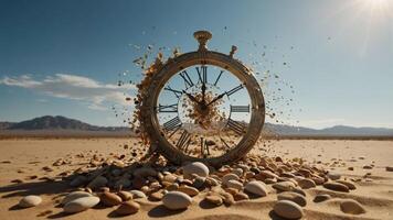 A surreal clock shattering in a desert landscape, symbolizing the passage of time. photo