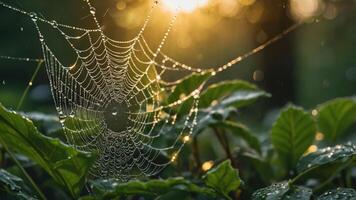 A close-up of a spider web adorned with dew drops, illuminated by soft sunlight. photo