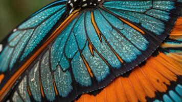 Close-up of a butterfly's vibrant wings showcasing intricate patterns and colors. photo