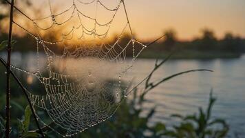 A close-up of a spider web adorned with dew drops against a serene sunset by the water. photo