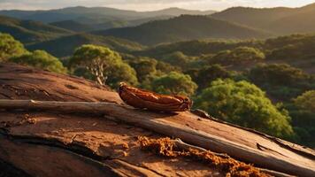 A serene landscape with a focus on a dried fruit resting on a log amidst rolling hills. photo