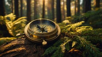 A compass rests on a mossy log in a sunlit forest, symbolizing navigation and exploration. photo