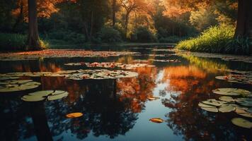 Tranquil lake scene with autumn foliage reflecting on the water, featuring lily pads. photo