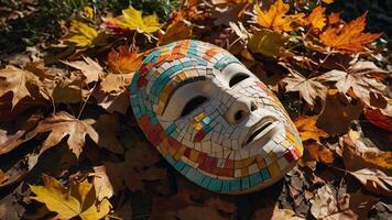 A colorful mosaic mask resting among autumn leaves. photo