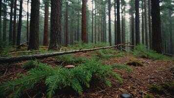 A serene forest scene with tall trees and a carpet of greenery on the forest floor. photo