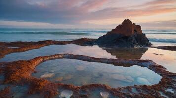 A serene coastal scene at sunset with rocky formations and tidal pools. photo