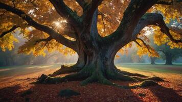 A majestic tree with vibrant autumn leaves, casting dappled sunlight on the ground. photo