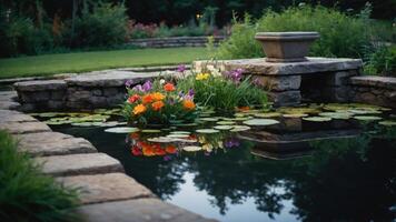 A tranquil garden pond with colorful flowers and lily pads reflecting in the water. photo