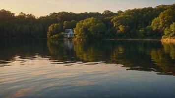Serene lakeside view with a house surrounded by lush trees and calm water reflections. photo