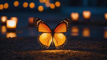 A glowing butterfly illuminated by candles in a serene setting. photo