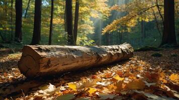 A serene forest scene featuring a log surrounded by colorful autumn leaves. photo
