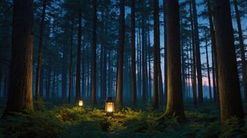A serene forest scene illuminated by lanterns at dusk, creating a peaceful atmosphere. photo