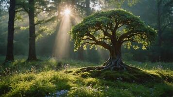 A serene forest scene with a bonsai tree illuminated by sunlight. photo