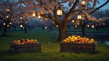 A serene orchard at dusk, featuring crates of colorful apples under blooming trees and lanterns. photo