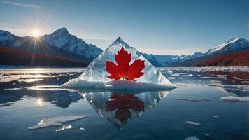 A striking image of a maple leaf encased in ice, set against a mountainous landscape. photo