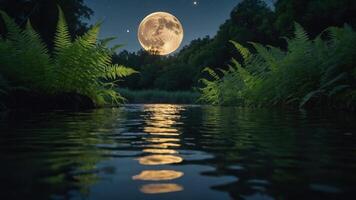 A serene night scene featuring a full moon reflecting on water, surrounded by ferns. photo