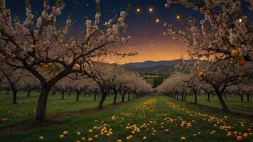 A serene orchard at dusk, filled with blooming trees and scattered flowers under a starry sky. photo