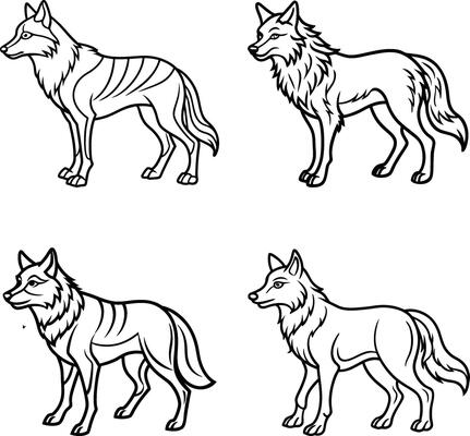 four different wolf coloring pages