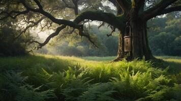 A majestic tree stands in a serene landscape, surrounded by ferns and bathed in soft light. photo