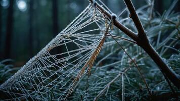 A close-up of a frosty spiderweb on a branch in a misty forest. photo
