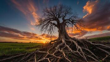 A majestic tree with intricate roots silhouetted against a vibrant sunset sky. photo