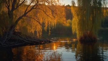 A serene sunset reflecting on a calm river surrounded by willow trees. photo
