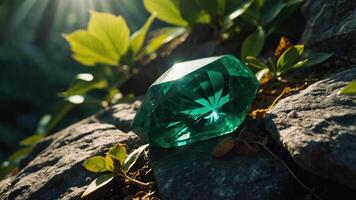A large, sparkling emerald rests on rocks surrounded by greenery, illuminated by sunlight. photo