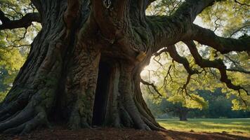 A majestic tree with a hollow trunk and sprawling branches, illuminated by sunlight. photo