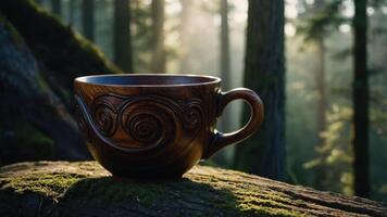 A beautifully carved wooden cup rests on a mossy log in a serene forest setting. photo
