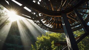 Sunlight filters through a wooden structure in a lush, green environment. photo