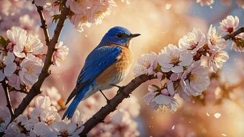 A vibrant bluebird perched on a cherry blossom branch, surrounded by soft, warm light. photo