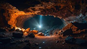A captivating cave interior illuminated by beams of light, showcasing rugged rock formations. photo