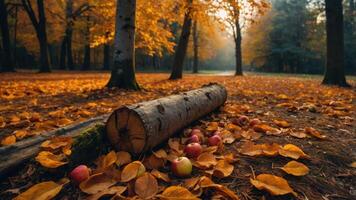 A serene autumn scene with fallen leaves, apples, and a log in a tranquil forest setting. photo