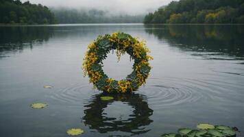 A floral wreath floats on calm water, surrounded by lush greenery and misty hills. photo