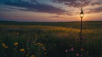 A serene sunset over a field of wildflowers, illuminated by a vintage lamp. photo