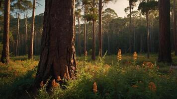 A serene forest scene with tall trees and vibrant wildflowers in a sunlit clearing. photo
