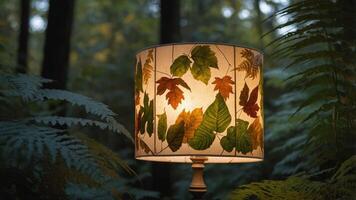 A decorative lamp featuring a shade adorned with colorful leaves, set in a forest environment. photo